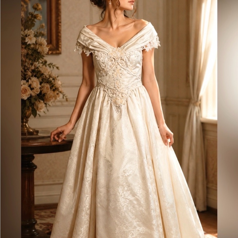Jessica McClintock Ivory Off-Shoulder Lace Wedding Gown